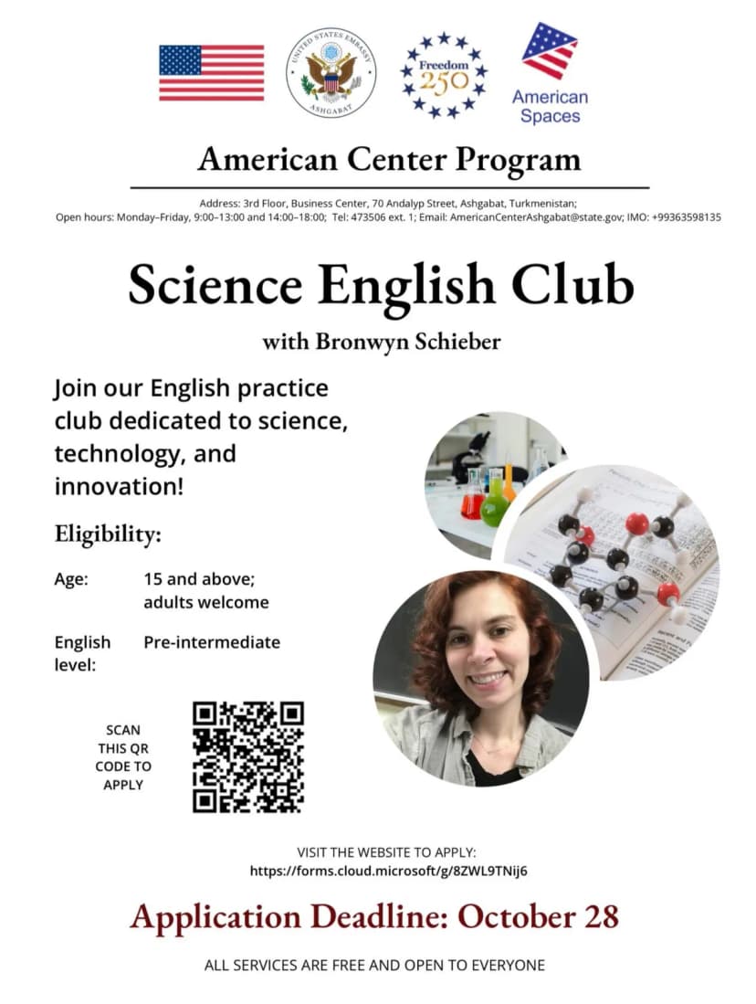 🔬 Science English Club at American Center — apply by 28 October