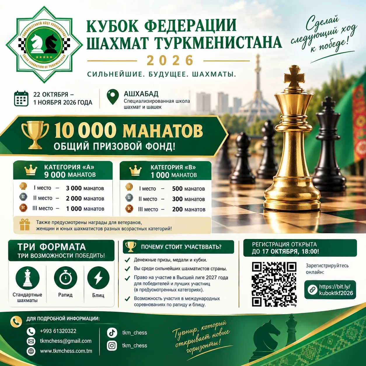 ♟️ Кубок Федерации шахмат Туркменистана 2026 — регистрация до 17 октября